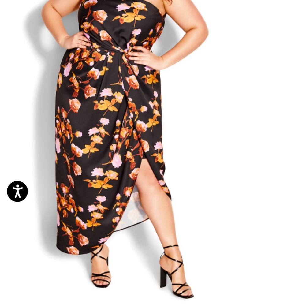 City Chic Strapless Floral Dress - Black and Orange